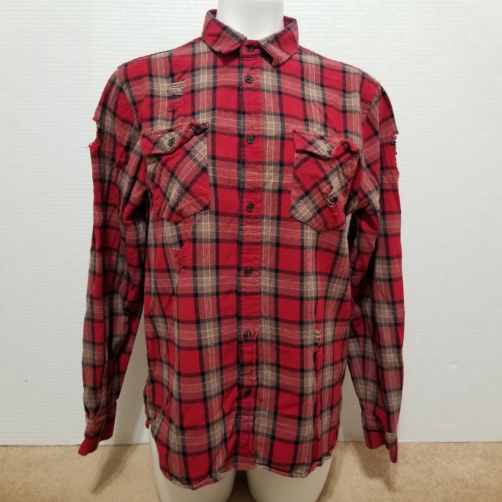Forever 21 Men shirt Large distressed flannel button up plaid ripped torn grunge